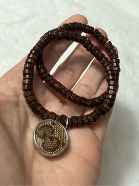 Gucci upcycled Brown Wood Bead Bracelet set with charm